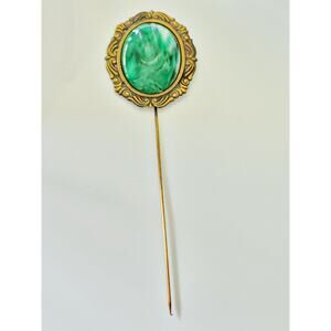 Large 6in Gold-tone Green Swirl Stone Lapel Pin